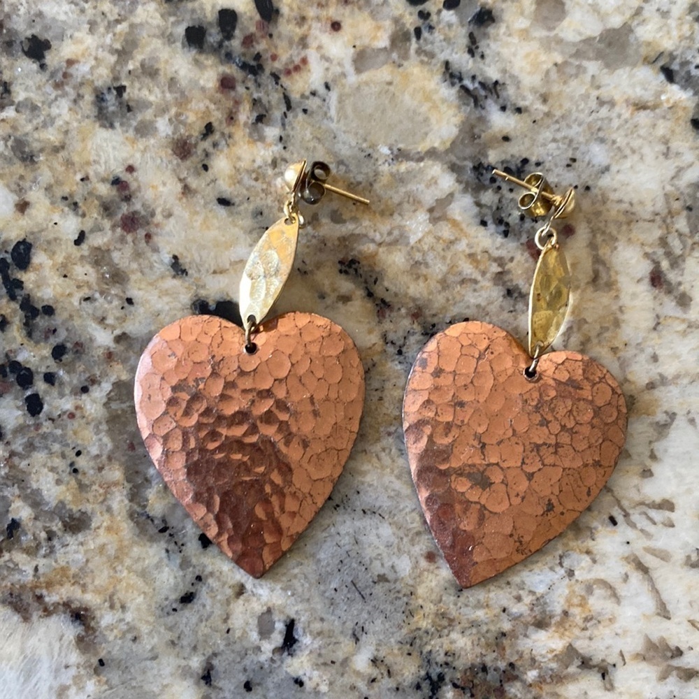 Copper stamp out heart drop post earrings